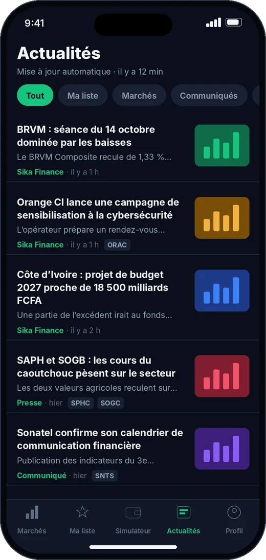Écran Actualités de BRVMexa