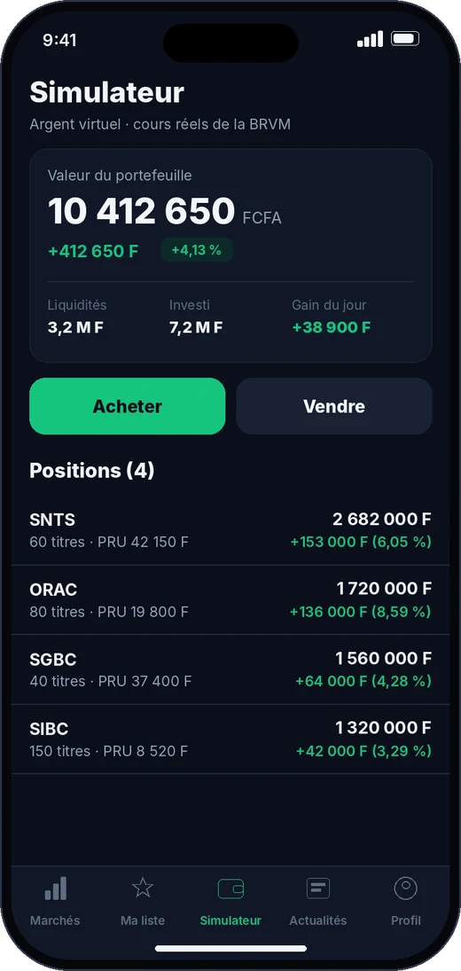 Écran du simulateur de bourse BRVMexa